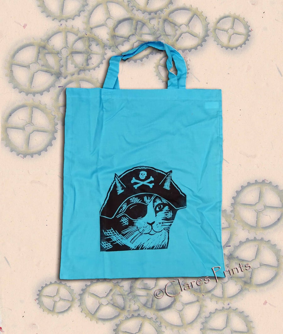 Pirate Cat Tote Animal Linocut Hand Printed Blue Shopping Bag