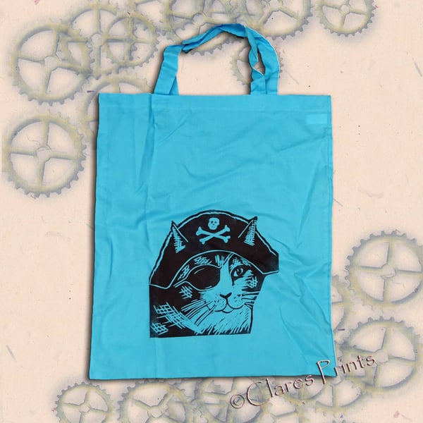 Pirate Cat Tote Animal Linocut Hand Printed Blue Shopping Bag