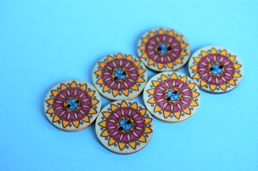 Wooden Mandala Patterned Buttons Magenta  Yellow Mint 6pk 25mm (M6)