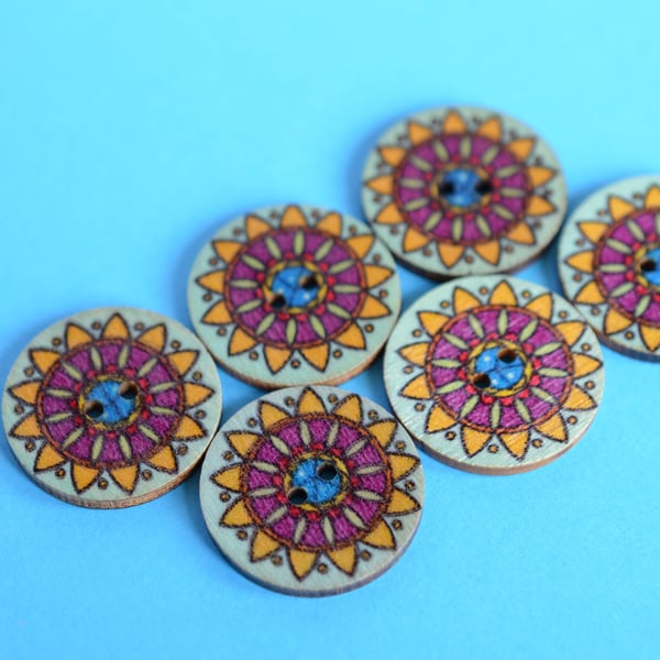 Wooden Mandala Patterned Buttons Magenta  Yellow Mint 6pk 25mm (M6)