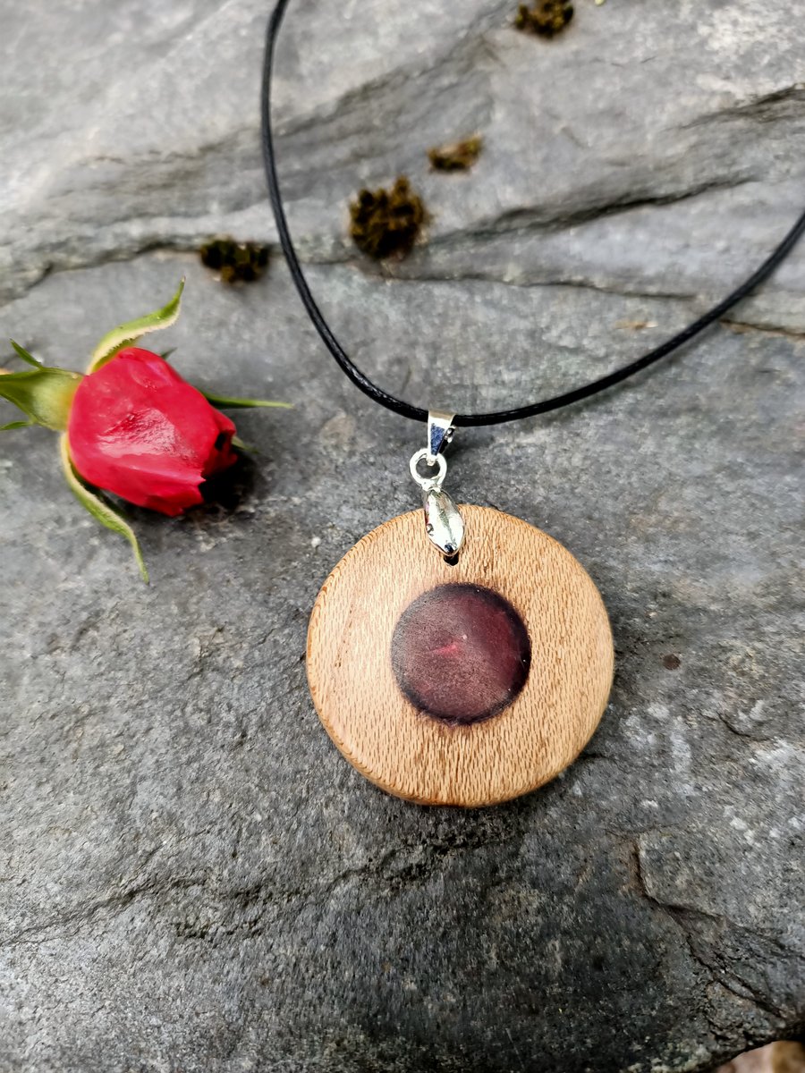 Wood and red resin circle pendant necklace