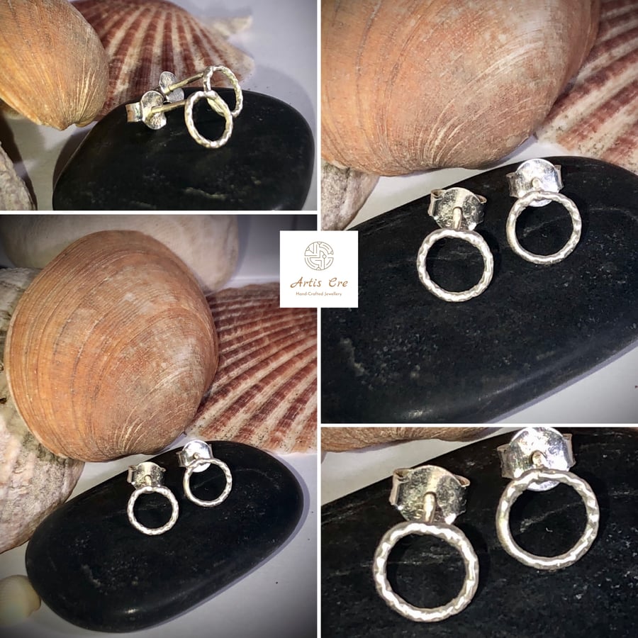Solid Sterling Silver Forged open circle studs earrings pierced ear