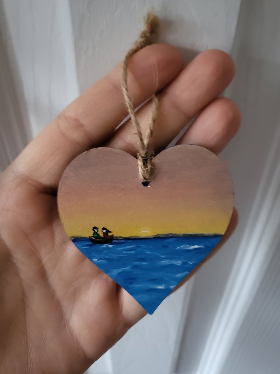 Original painted wooden pendant heart seascape