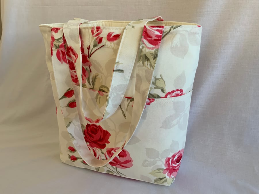 Beautiful Floral Tote Bag with External Front Pockets,  Shopping Bag, Beach Bag