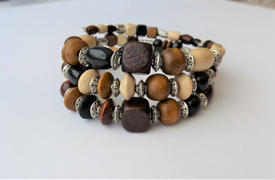 Mixed colour wood and Tibetan silver memory wire wrap bracelet