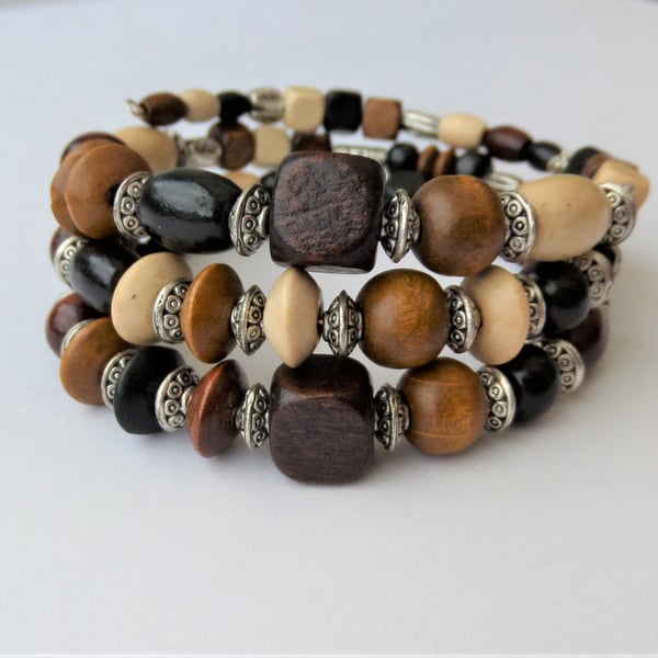 Mixed colour wood and Tibetan silver memory wire wrap bracelet