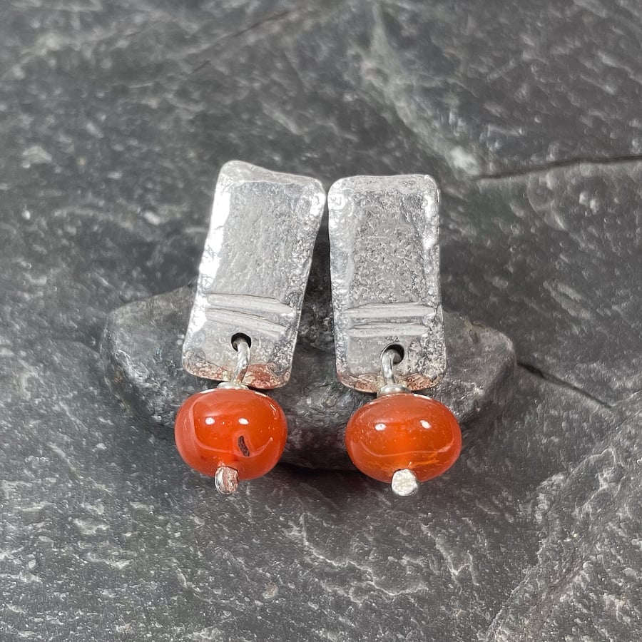 Sterling silver Notched studs with carnelian dangle