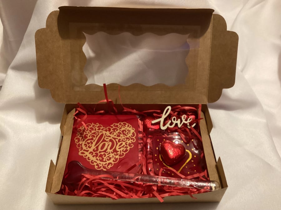 Handcrafted Fused Glass Valentines Coaster, Trinket Dish & Stirrer Set