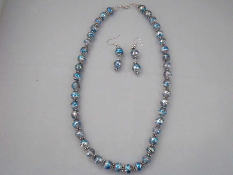 Blue and Silver Sparkly Necklace and Earrings Set