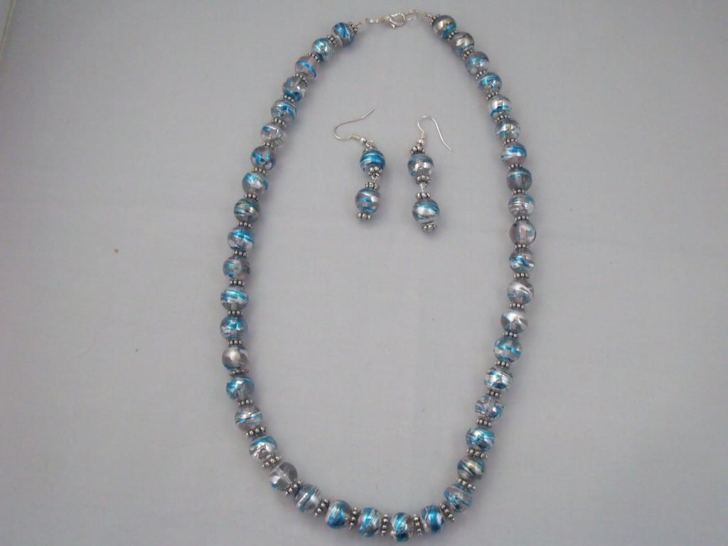 Blue and Silver Sparkly Necklace and Earrings Set