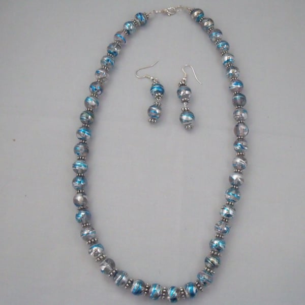 Blue and Silver Sparkly Necklace and Earrings Set
