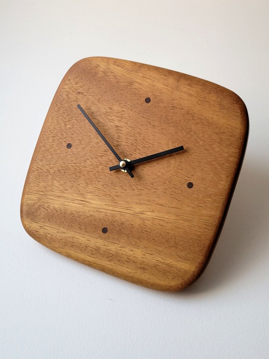Wall Clock Square - Iroko (African Teak) & Black Hands Walnut Dot Indicators