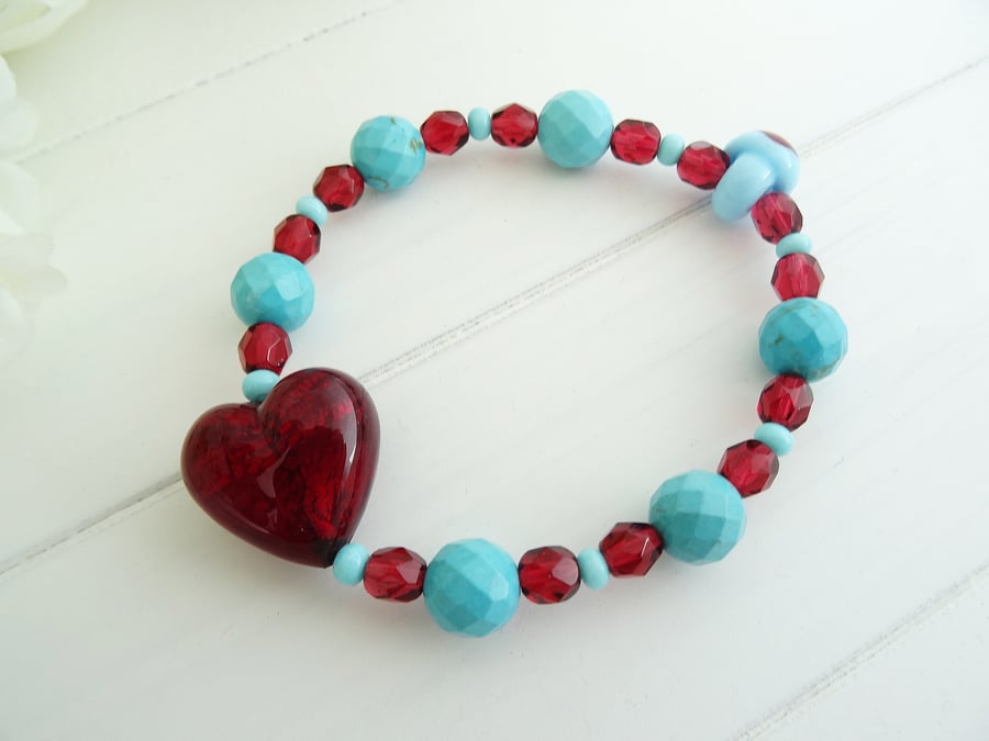 Cranberry and Turquoise bracelet, Murano Bracelet, Heart Bracelet. 