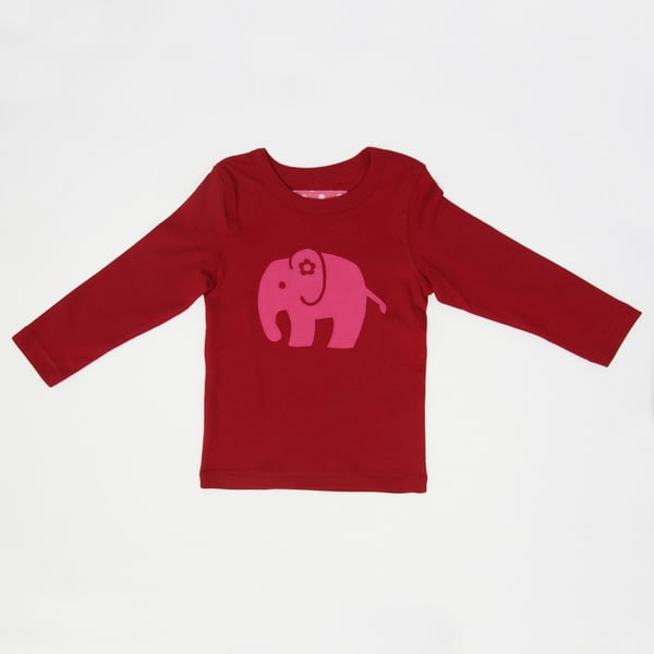 18m-2yrs One-of-a-Kind Hand Appliquéd Friendly Pink Elephant. Childs Red T-shirt