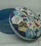 Large round gift box, blue, with patchwork butterfly lid