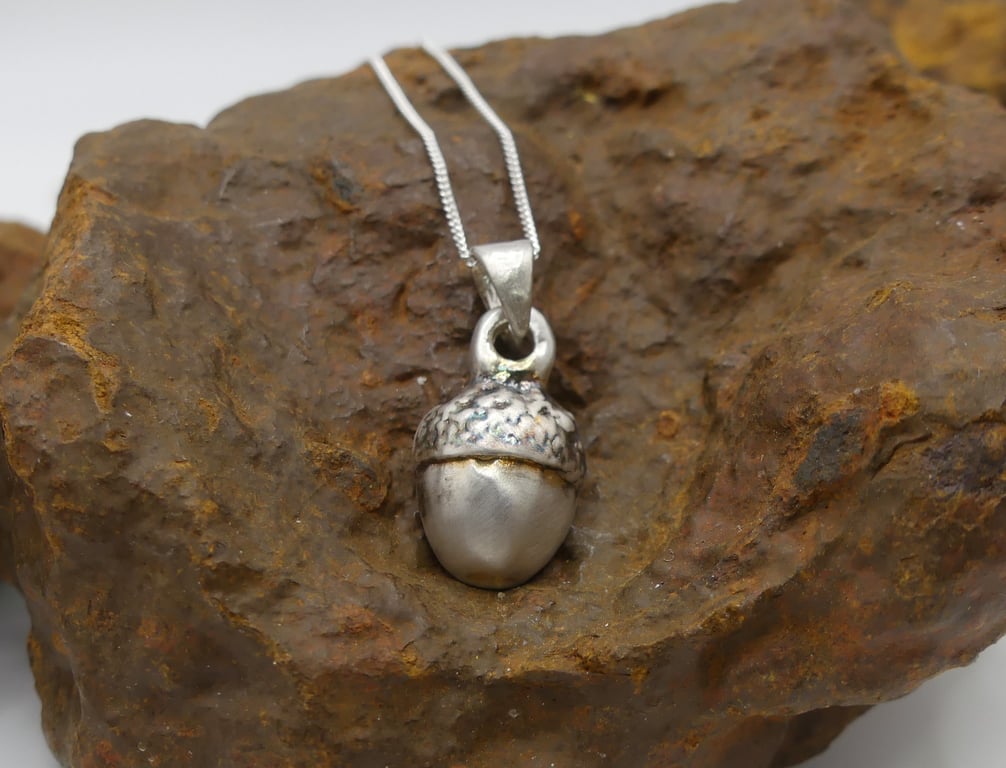 Recycled Sterling Silver Real Acorn Mould Pendant Necklace ECO STS Chain.