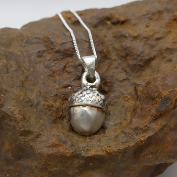 Recycled Sterling Silver Real Acorn Mould Pendant Necklace ECO STS Chain.