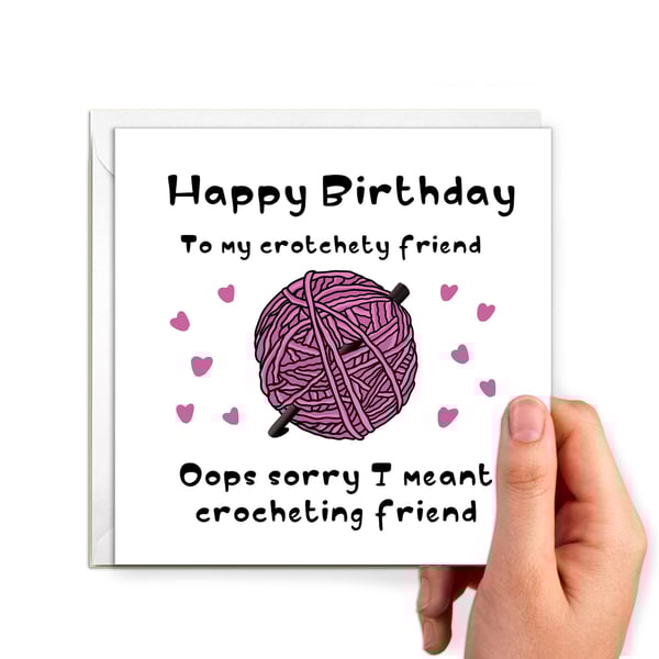 Funny crocheting birthday card with a ball of wool for friend, sister