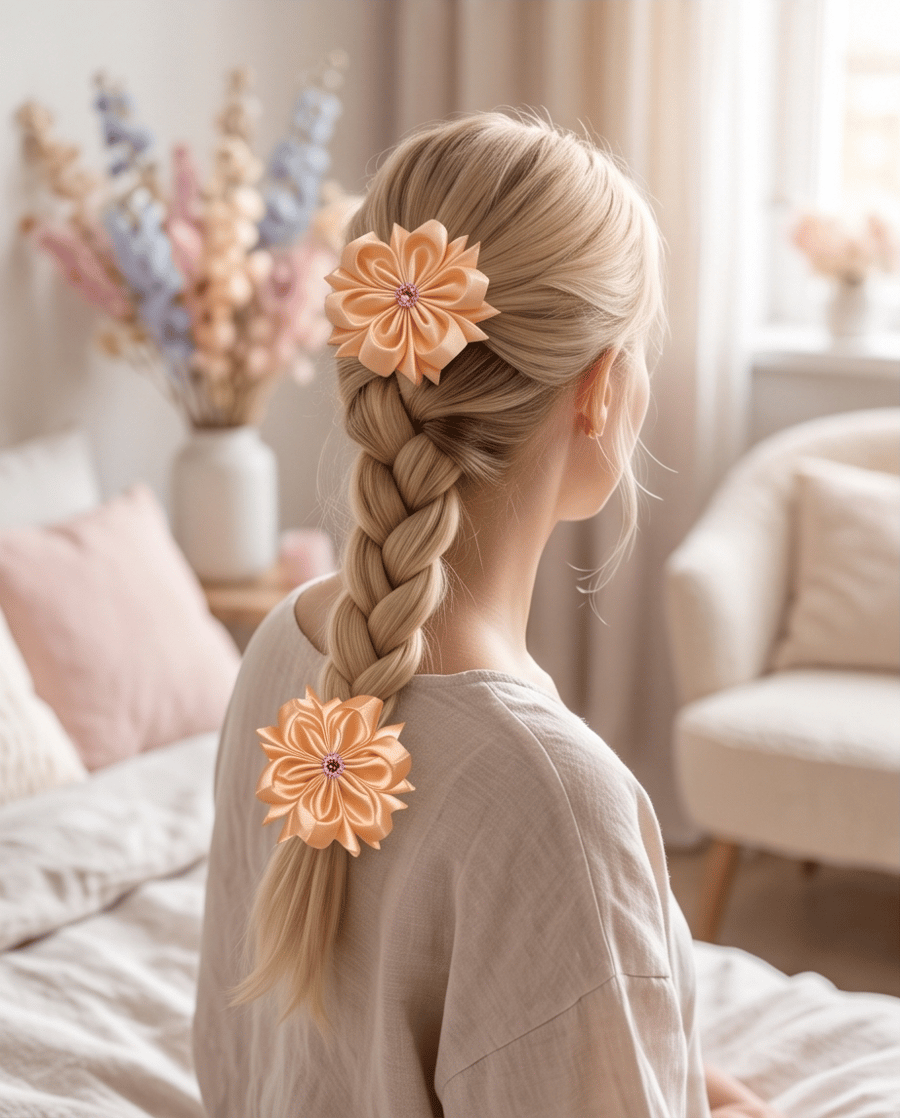 Peach Ribbon Flower Hair Ties – Handmade Satin Accessories Set of 2