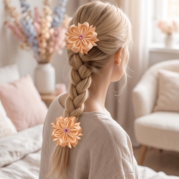 Peach Ribbon Flower Hair Ties – Handmade Satin Accessories Set of 2