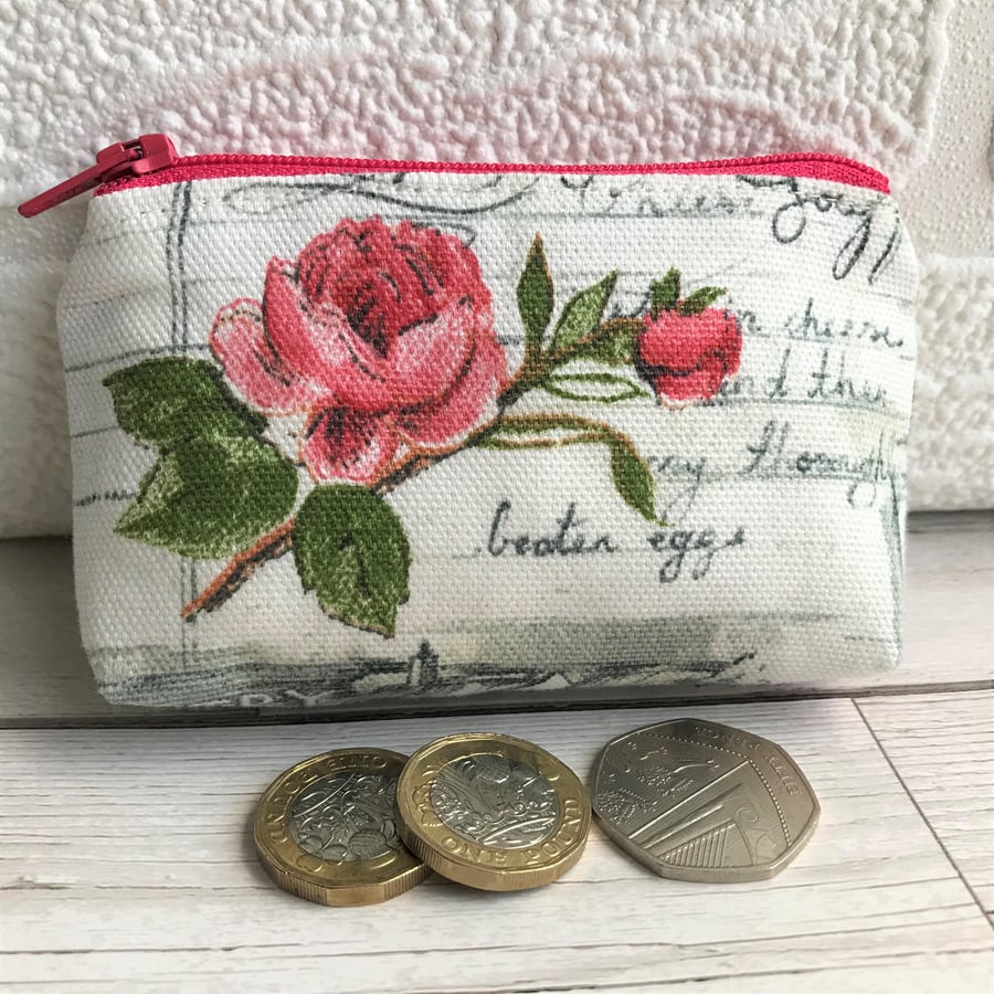Small purse, coin purse with pink Rose and grey recipe script