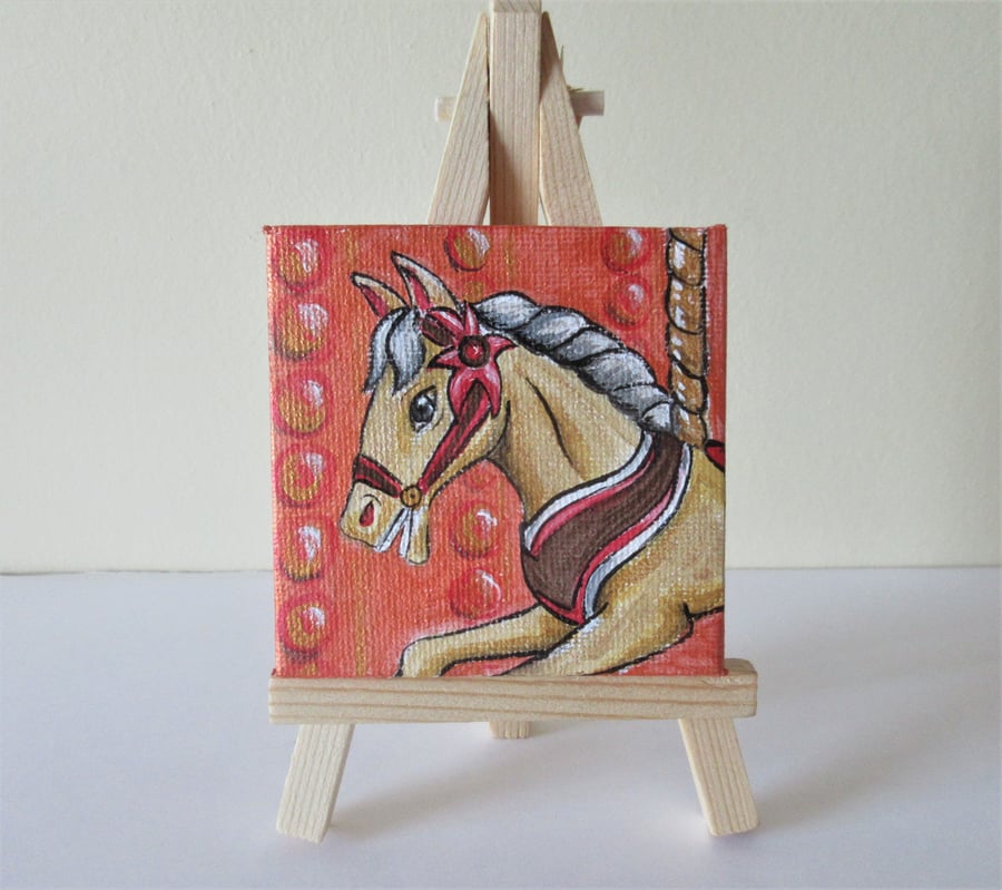 Carousel Horse Miniature Original Acrylic Painting with Easel Letterbox Gift O