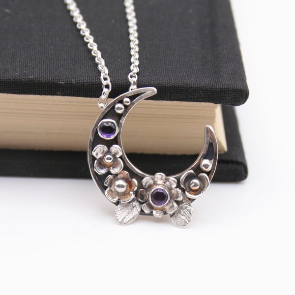Sterling silver botanical crescent moon necklace
