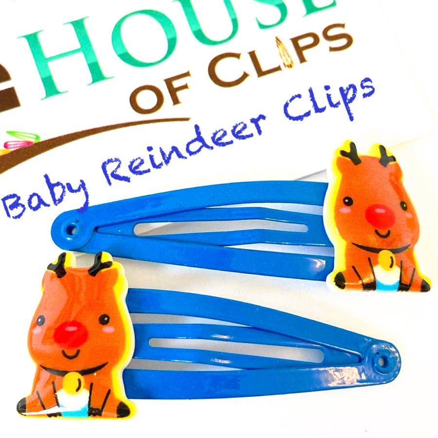Baby Reindeer Christmas Hair Clips x2 - Reindeer on Blue Hair Clips - Reindeer H