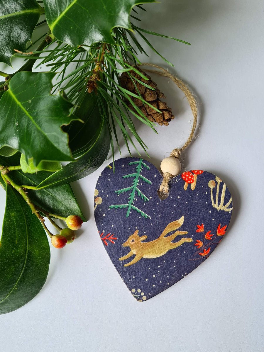 Wooden decoupage Christmas woodland fox hanging decoration decor letterbox gift