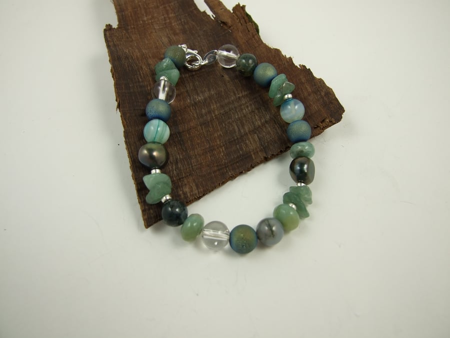 Mixed Gemstone Bracelet in Green Tones with Sterling Silver