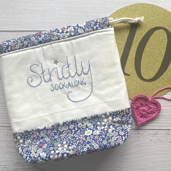 'Strictly Sock-Along' Project Bag with Hand Embroidery - Royal Blue