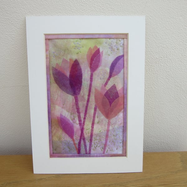Tulip picture, pink and mauve flowers, embroidered, collage, framed textile art