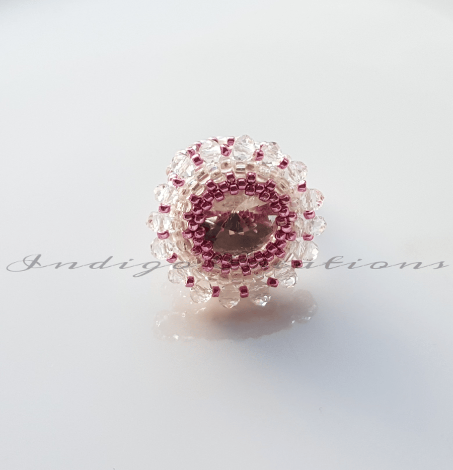 Ring Handmade Swarovski Rivoli Crystal And Seed Bead Flower Ring.