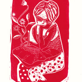 Girl Doodling -  Lino print in red .  Made in Yorkshire