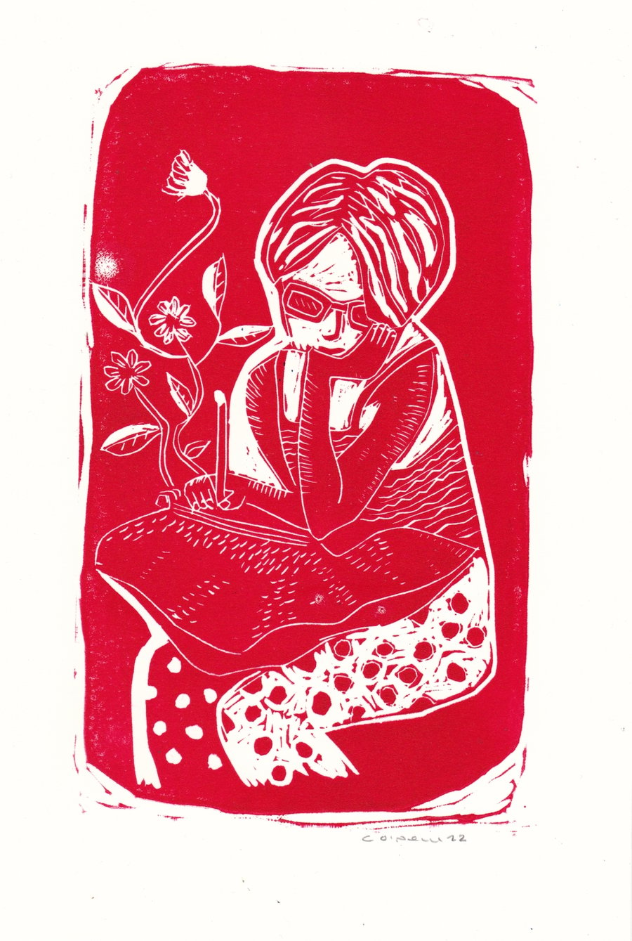 Girl Doodling -  Lino print in red .  Made in Yorkshire