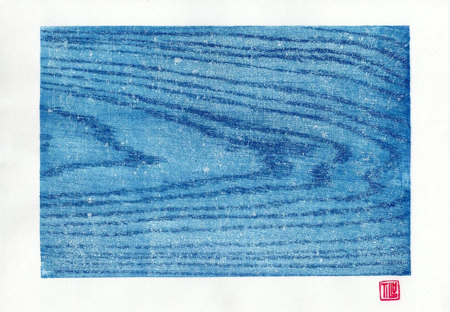 'Water' woodcut, woodblock print, printmaking, prussian blue, wood grain