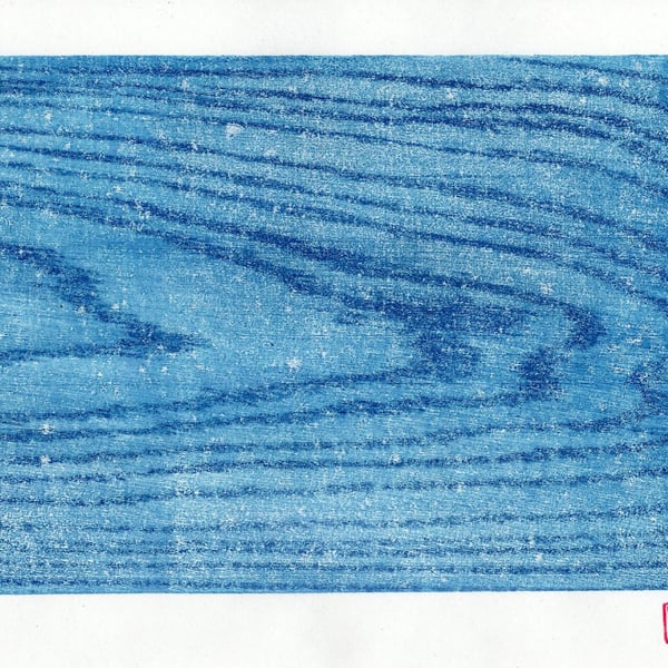 'Water' woodcut, woodblock print, printmaking, prussian blue, wood grain