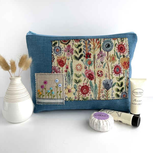Floral Toiletry Bag with Floral Fabric Panel and Embroidered Button Flowers