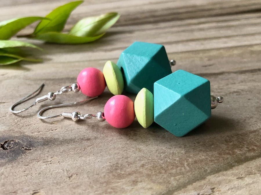 Teal, Green & Pink Wooden Bead Earrings. Lightweight Boho Beaded