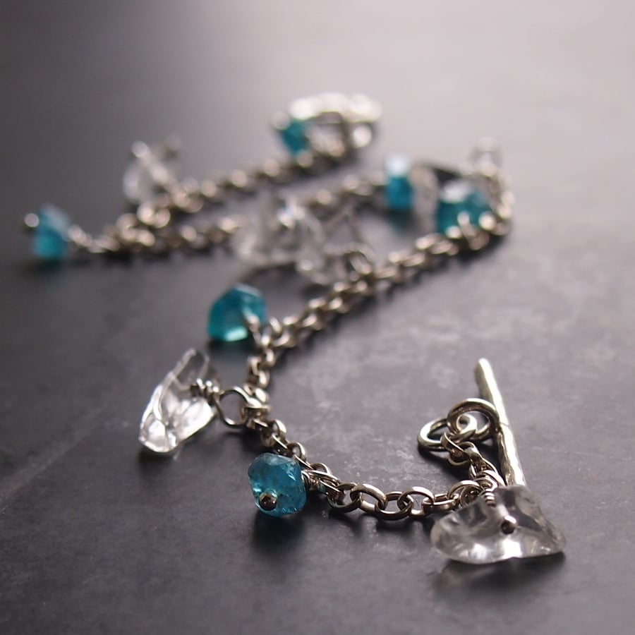 Sterling Silver Chain Bracelet with Quartz Crystal and Apatite.