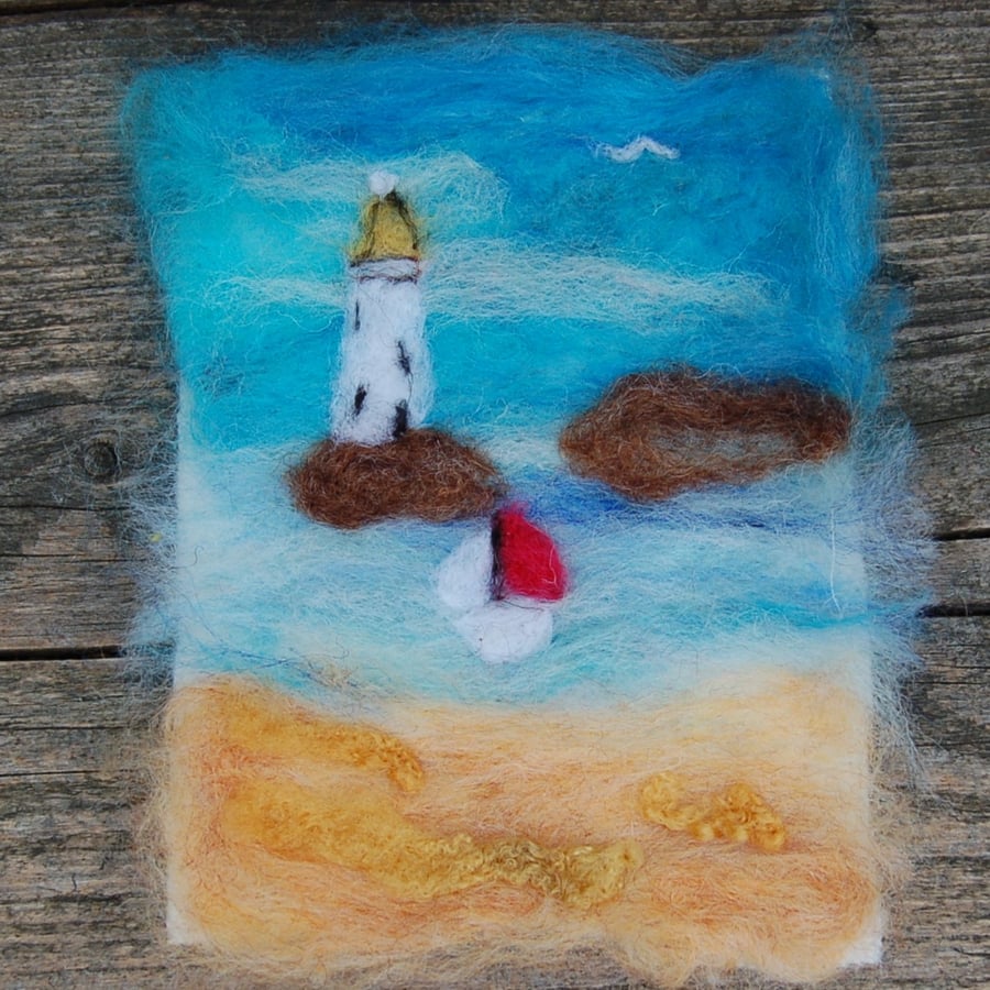 Seashore wool painting, Lighthouse picture, 