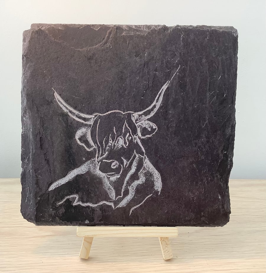 A Highland Cow - original art hand carved on recycled slate