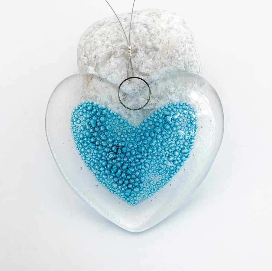 Fused Glass Bubbly Big Heart Hanging - Handmade Glass Suncatcher