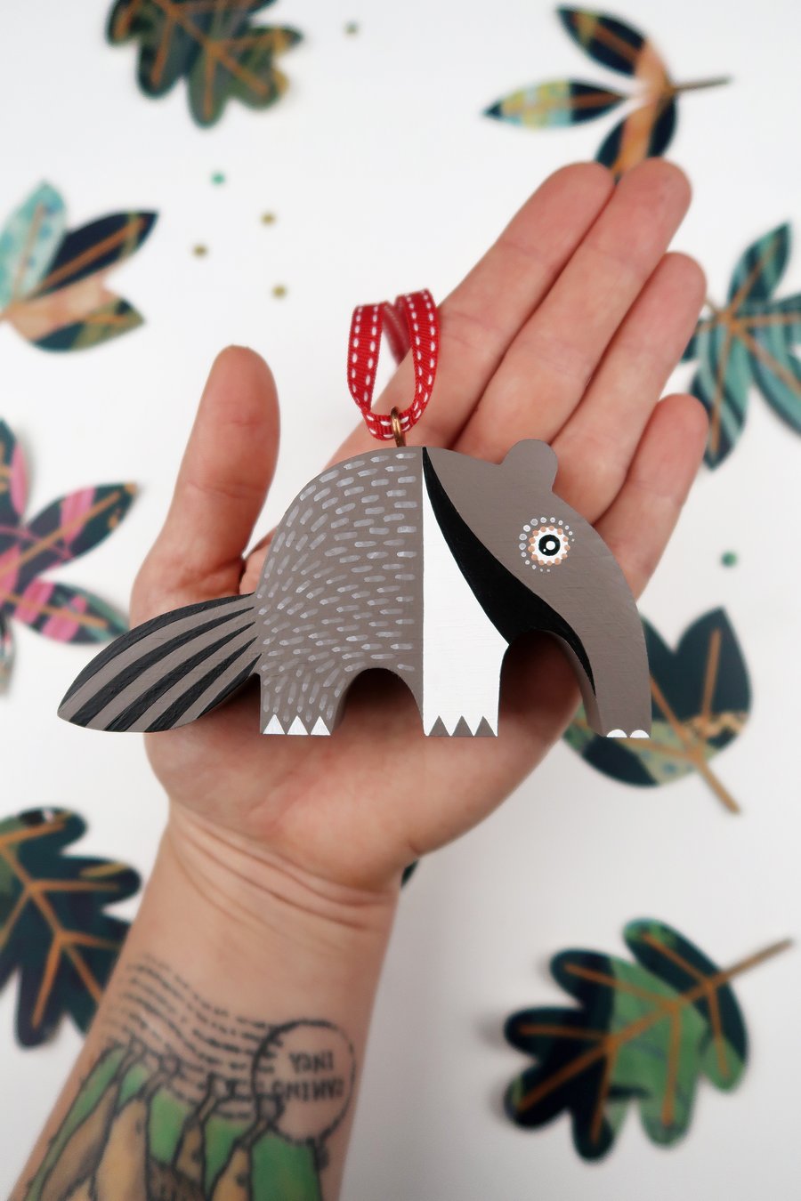 Anteater Christmas tree hanging decoration, cute animal stocking filler.