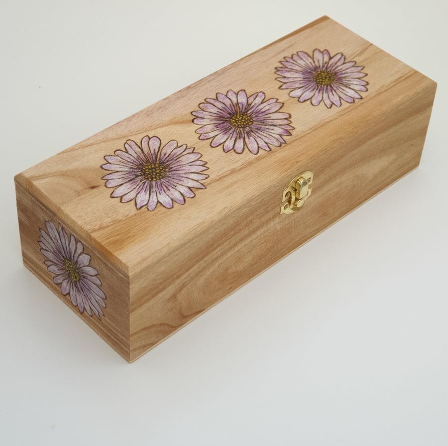 Pyrography daisies wooden jewellery box, trinke... Folksy