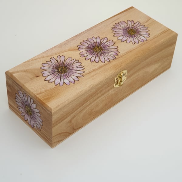 Pyrography daisies wooden jewellery box, trinket box, decorated storage box