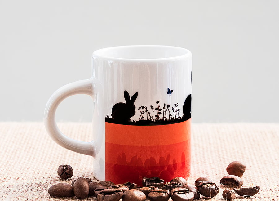 Orange Hares and Rabbits Espresso Coffee Mug for Nature and Countryside Lovers