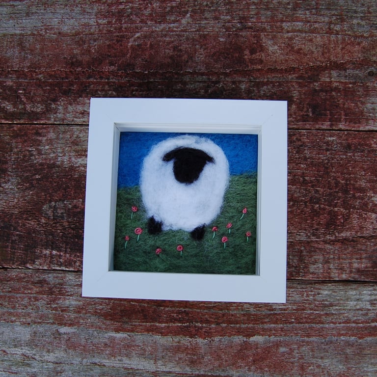Sheep amongst flowers - needlefelt with embroidery
