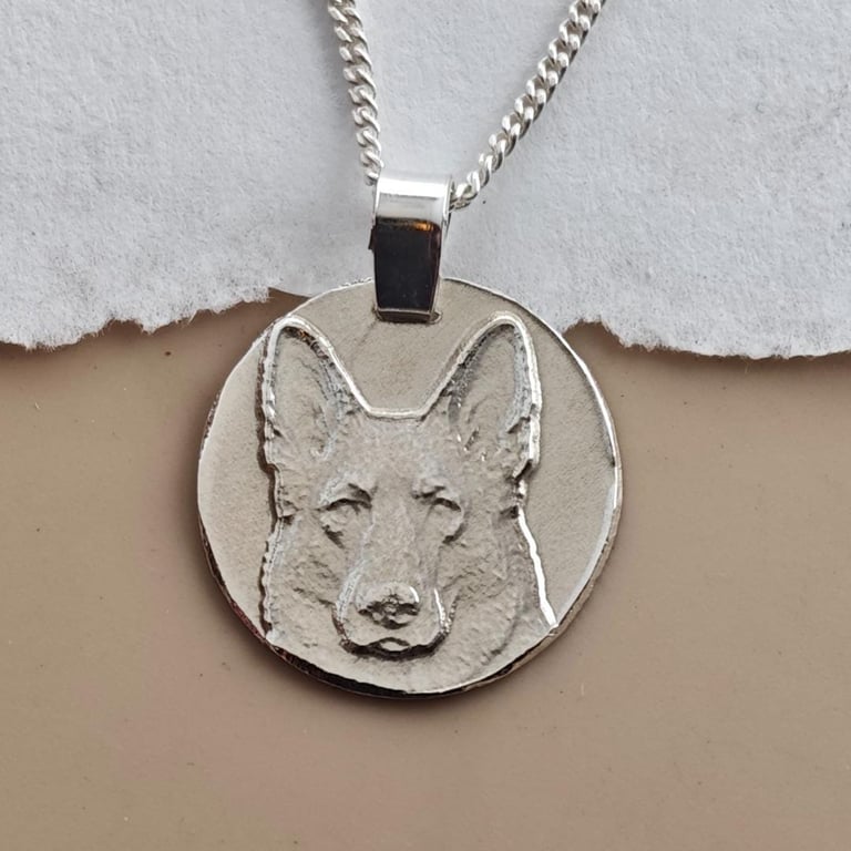 Hand Engraved Alsatian Sterling Silver Pendant, Recycled UK Crafted Pet Necklace