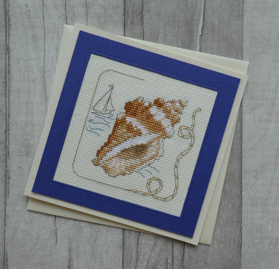 Cross Stitch Conch Shell with Small Boat - Blank Greetings Card